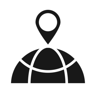 Location pin over globe icon on black.
